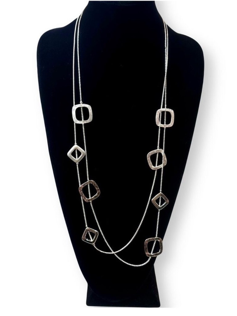 CHICO’s | Modern Geometry | Long Silver Square Stations Layered Necklace | NWT